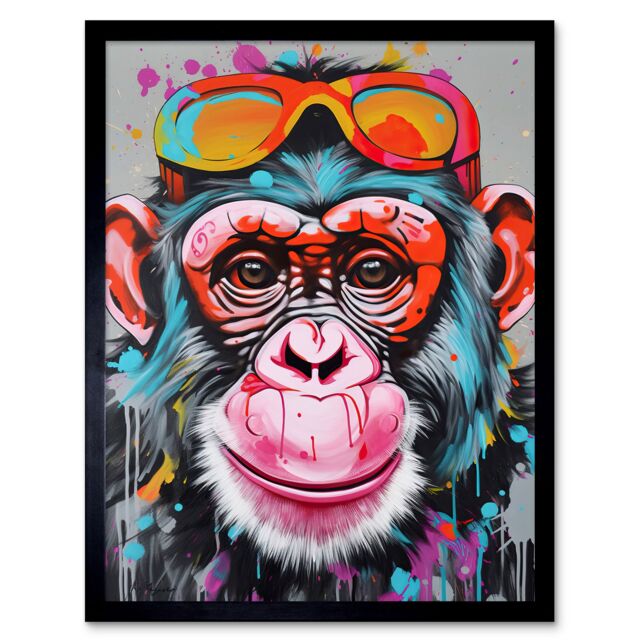 "Artery8 Wall Art Print Chimpanzee Monkey With Sunglasses Graffiti Pop Art Framed in Black - Size: W12"" x H16""" - image 1