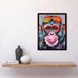 "Artery8 Wall Art Print Chimpanzee Monkey With Sunglasses Graffiti Pop Art Framed in Black - Size: W12"" x H16""" - thumbnail 2