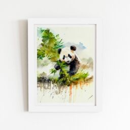 "Warren Reed - Designer Panda Eating Bamboo Watercolour Framed Art Print in White - Size: W24"" x H36""" - thumbnail 1