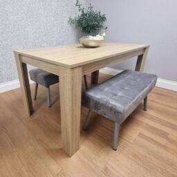 KOSY KOALA Dining Table Set Oak Effect Table With 2 Grey Velvet Benches Dining Furniture Set in Brown