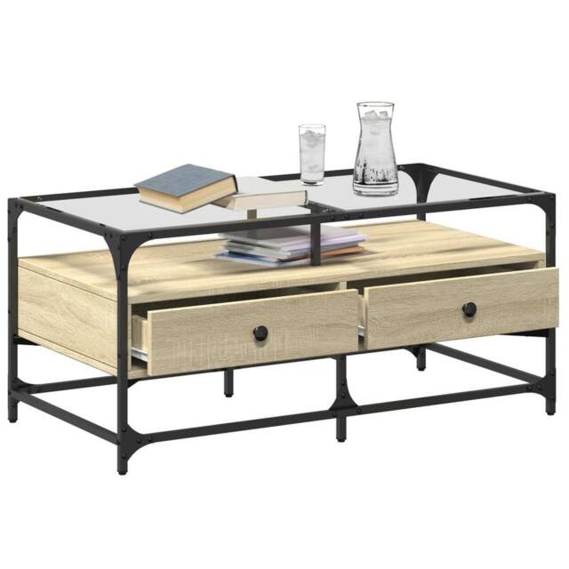 Berkfield Home Decorative Coffee Table with Glass Top Sonoma Oak 98.5x50x45 cm Steel in Natural - image 1
