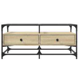 Berkfield Home Decorative Coffee Table with Glass Top Sonoma Oak 98.5x50x45 cm Steel in Natural - thumbnail 4