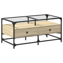 Berkfield Home Decorative Coffee Table with Glass Top Sonoma Oak 98.5x50x45 cm Steel in Natural - thumbnail 3