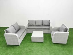 Fimous Patio PE Wicker 6 Seater Outdoor Rattan Furniture Sofa Sets with Square Coffee Table Reclining Chair Loveseat Sofa 3 Seater Sofa Light Grey - thumbnail 1