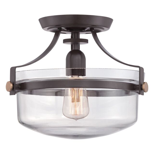 Loops Semi Flush Light Inverted Clear Glass Shade Banded Metal Bronze LED E27 60W