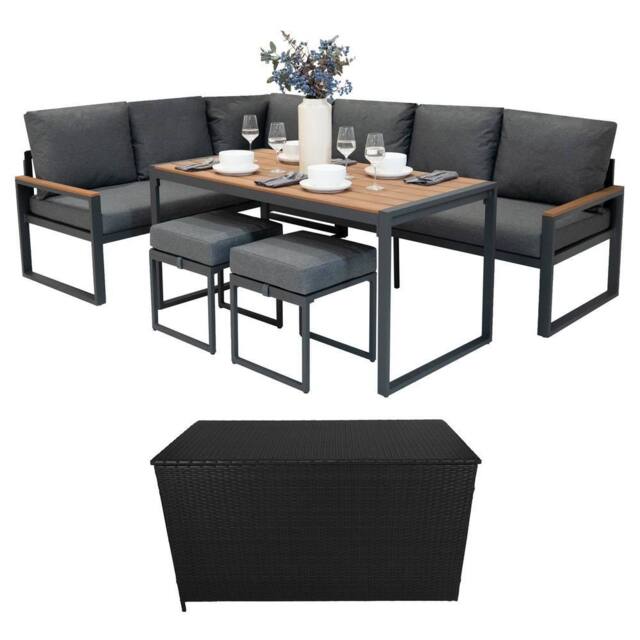 Monstershop Aluminium Corner Sofa Set With Black Rattan Storage Box - Wood Effect in Brown - image 1