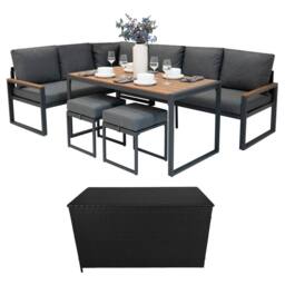 Monstershop Aluminium Corner Sofa Set With Black Rattan Storage Box - Wood Effect in Brown - thumbnail 1