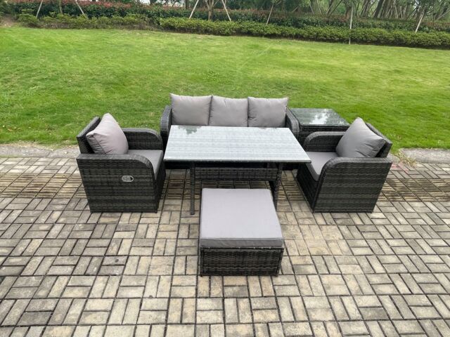 Fimous Wicker PE Rattan Garden Furniture Set Outdoor Rectangular Dining Table & Chair Sofa Set With Side Table in Dark Grey - image 1