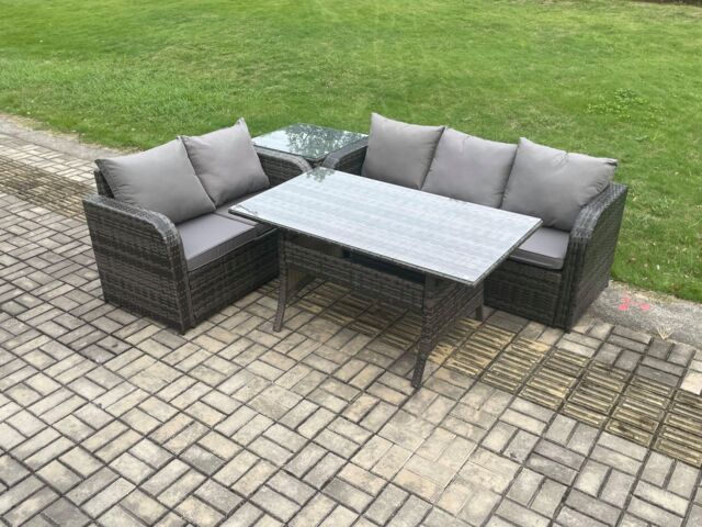 Fimous Outdoor Garden Patio Furniture Wicker Rattan Oblong Rectangular Dining Table & Lounge Sofa set with Side Table Dark Grey Mixed - image 1