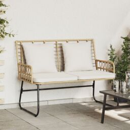 Berkfield Home Garden Bench with Pillow Poly rattan, steel in Brown - thumbnail 1