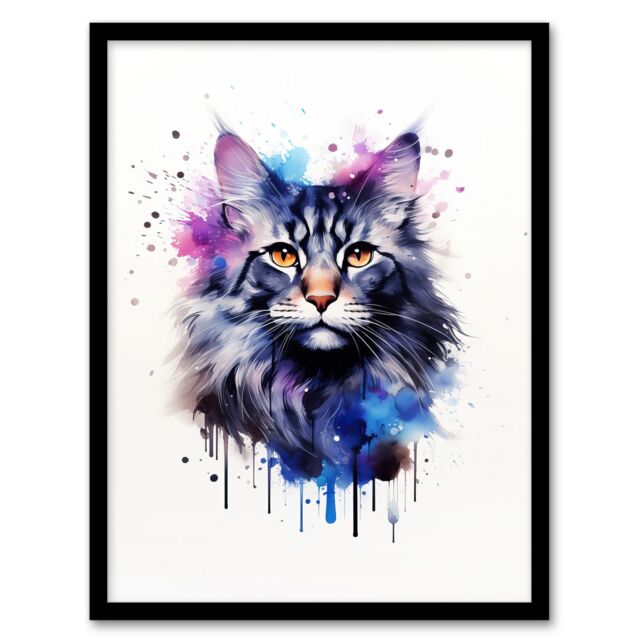 "Artery8 Wall Art Print Maine Coon Cat Lovers Gift Watercolour Pet Portrait Painting Artwork Art Framed - Size: W12"" x H16""" - image 1