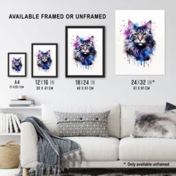 "Artery8 Wall Art Print Maine Coon Cat Lovers Gift Watercolour Pet Portrait Painting Artwork Art Framed - Size: W12"" x H16""" - thumbnail 3
