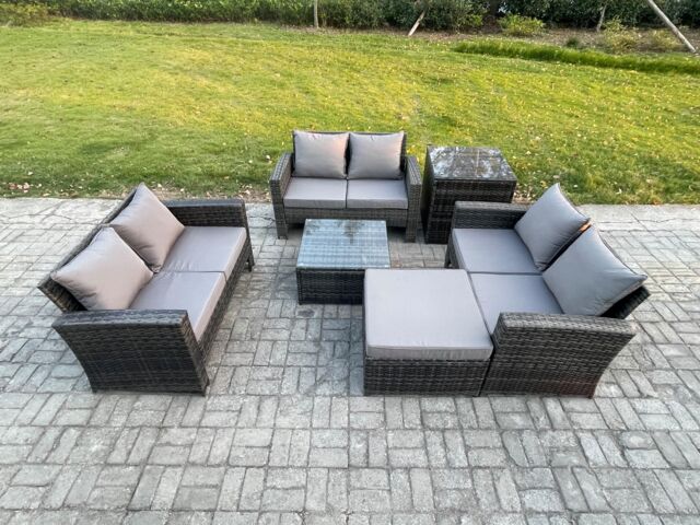 Fimous Rattan Wicker Garden Furniture Patio Conservatory Sofa Set with Square Coffee Table Double Seat Sofa Big Footstool in Dark Grey - image 1