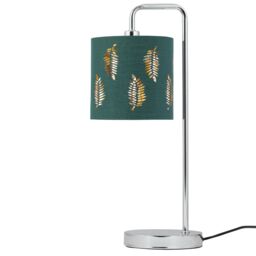 First Choice Lighting Chrome Arched Table Lamp with Dark Green Fern Cut Out Shade in Silver
