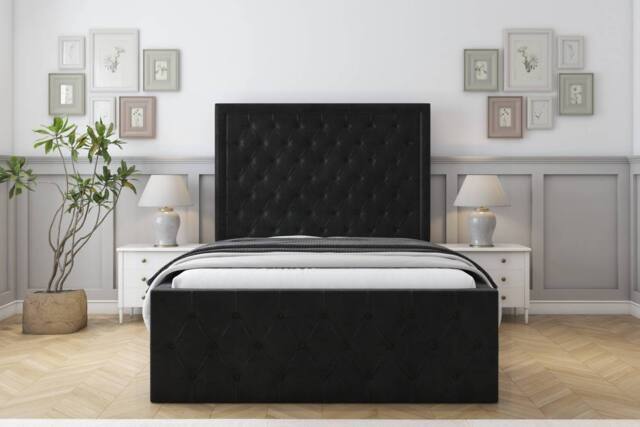 "Sloomy Sofia Gold Plush Bed Frame With 50"" Upholstered Headboard in Black - Size: Single" - image 1