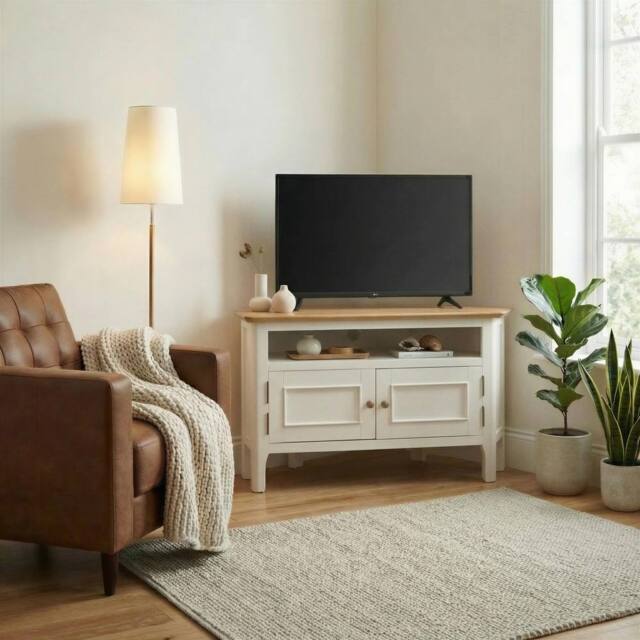 FurnitureboxUK Belle Solid Oak Wood & Cream Corner TV Stand - image 1
