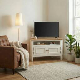 FurnitureboxUK Belle Solid Oak Wood & Cream Corner TV Stand - thumbnail 1