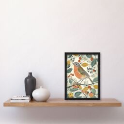"Artery8 Robin Bird Garden Shrub Leaves Bright Painting Framed Art Print - Size: W12"" x H16""" - thumbnail 4