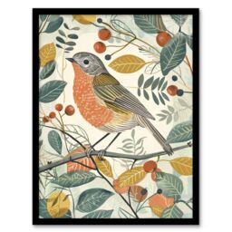 "Artery8 Robin Bird Garden Shrub Leaves Bright Painting Framed Art Print - Size: W12"" x H16""" - thumbnail 1
