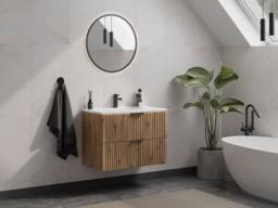 Vente-unique Ribbed Suspended Bathroom Unit With Built-In Washbasin - Light Natural in Light Oak - thumbnail 2