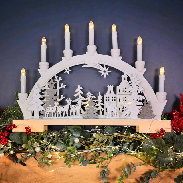 Samuel Alexander 45cm Battery Operated Wooden Christmas Candle Bridge with Reindeer Scene & LEDs in White - image 1