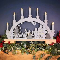 Samuel Alexander 45cm Battery Operated Wooden Christmas Candle Bridge with Reindeer Scene & LEDs in White - thumbnail 1