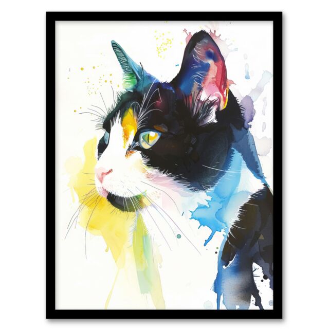"Artery8 Tuxedo Black White Cat Lover Bright Watercolour Framed Art Print - Size: W12"" x H16""" - image 1