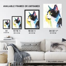 "Artery8 Tuxedo Black White Cat Lover Bright Watercolour Framed Art Print - Size: W12"" x H16""" - thumbnail 3