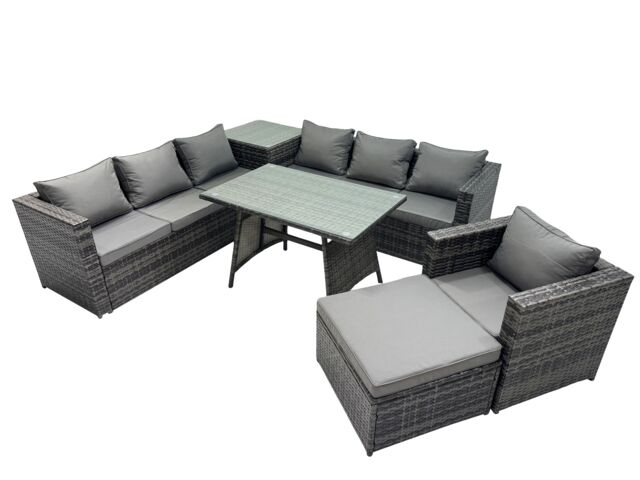 Fimous Garden Rattan Furniture Set 8 Seater with Side Table Big Stool in Dark Grey - image 1