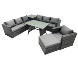 Fimous Garden Rattan Furniture Set 8 Seater with Side Table Big Stool in Dark Grey - thumbnail 1