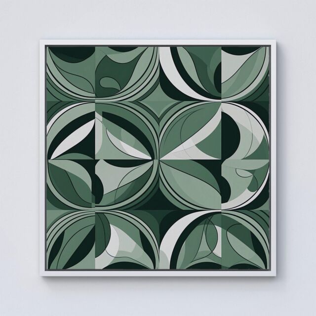 "Warren Reed - Designer Geometric Green Black Framed Canvas in Off-White - Size: W30"" x H30""" - image 1