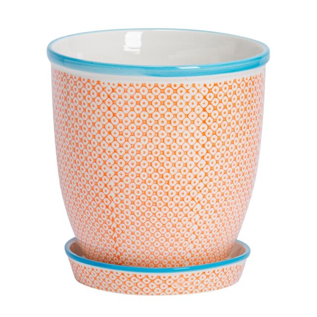 Nicola Spring Hand-Printed Plant Pot with Saucer - 20.5cm in Orange - image 1