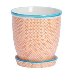 Nicola Spring Hand-Printed Plant Pot with Saucer - 20.5cm in Orange