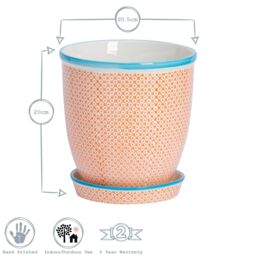 Nicola Spring Hand-Printed Plant Pot with Saucer - 20.5cm in Orange - thumbnail 3