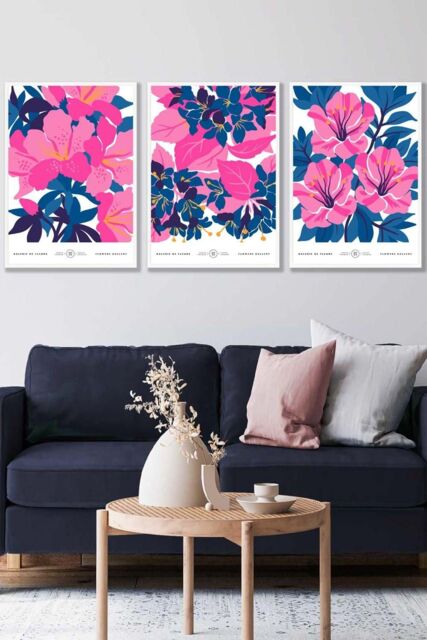 ARTZE Set of 3 White Framed Navy Blue & Pink Flower Market Bouquets Wall Art - Size: W33 cm x H45 cm x D20mm - image 1
