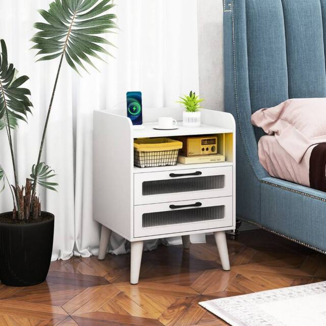 Costway Mid Century Modern Bedside Table Nightstand w/Charging Station-White in White - image 1