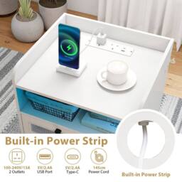 Costway Mid Century Modern Bedside Table Nightstand w/Charging Station-White in White - thumbnail 6