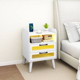 Costway Mid Century Modern Bedside Table Nightstand w/Charging Station-White in White - thumbnail 5