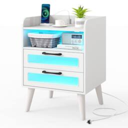 Costway Mid Century Modern Bedside Table Nightstand w/Charging Station-White in White - thumbnail 3