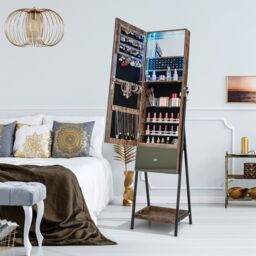 Costway Jewelry Cabinet Armoire w/ Full-Length Frameless Mirror & Built-in Makeup Mirror in Brown - thumbnail 3