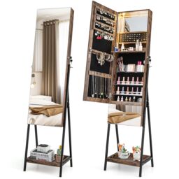 Costway Jewelry Cabinet Armoire w/ Full-Length Frameless Mirror & Built-in Makeup Mirror in Brown - thumbnail 1
