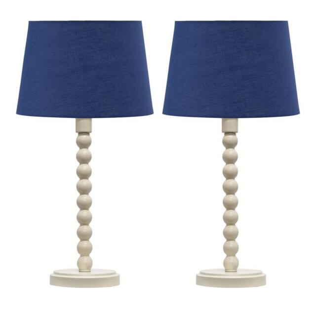 First Choice Lighting Set of 2 Bobbin - Ivory Lamps with Navy Blue Cotton Shades in White - image 1