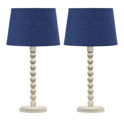 First Choice Lighting Set of 2 Bobbin - Ivory Lamps with Navy Blue Cotton Shades in White