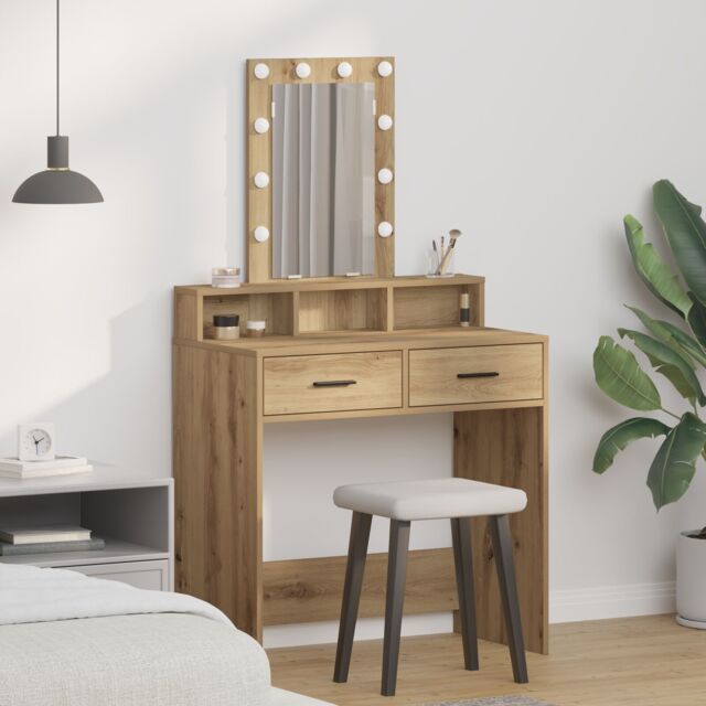 Berkfield Home Dressing Table with LED Lights Artisan Oak 79x41x140 cm in Brown - Size: 79 x 41 x 140 cm - image 1