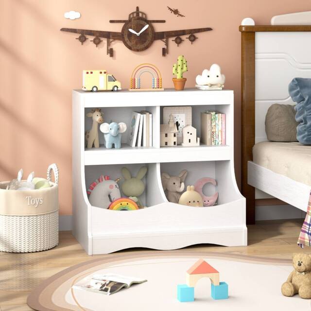 Costway Wooden Toy Storage Organizer 4-Cubs Kids Bookcase for Book & Toy in White - image 1