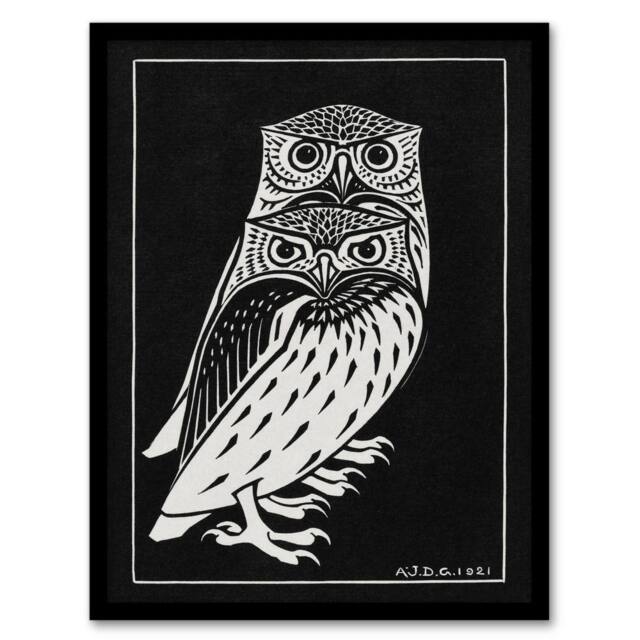 Artery8 Two Owls Vintage Animal Painting Vintage Framed Wall Art Print Graag in Black - Size: A4 - image 1