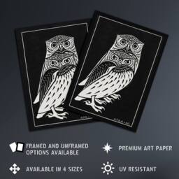 Artery8 Two Owls Vintage Animal Painting Vintage Framed Wall Art Print Graag in Black - Size: A4 - thumbnail 2