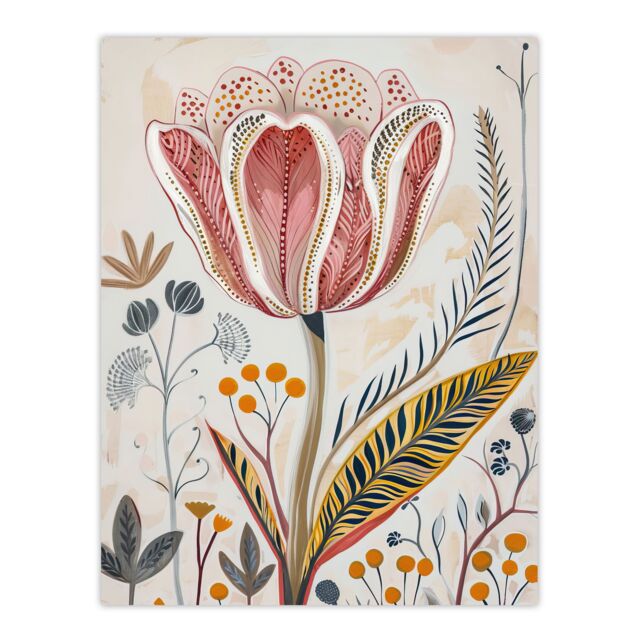 "Artery8 Tulip Flower Orange Grey Pink Folk Art Floral Wall Art Print in Beige - Size: W24"" x H32""" - image 1