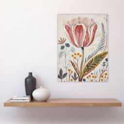 "Artery8 Tulip Flower Orange Grey Pink Folk Art Floral Wall Art Print in Beige - Size: W24"" x H32""" - thumbnail 4