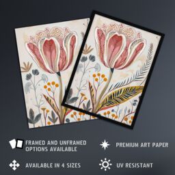 "Artery8 Tulip Flower Orange Grey Pink Folk Art Floral Wall Art Print in Beige - Size: W24"" x H32""" - thumbnail 2
